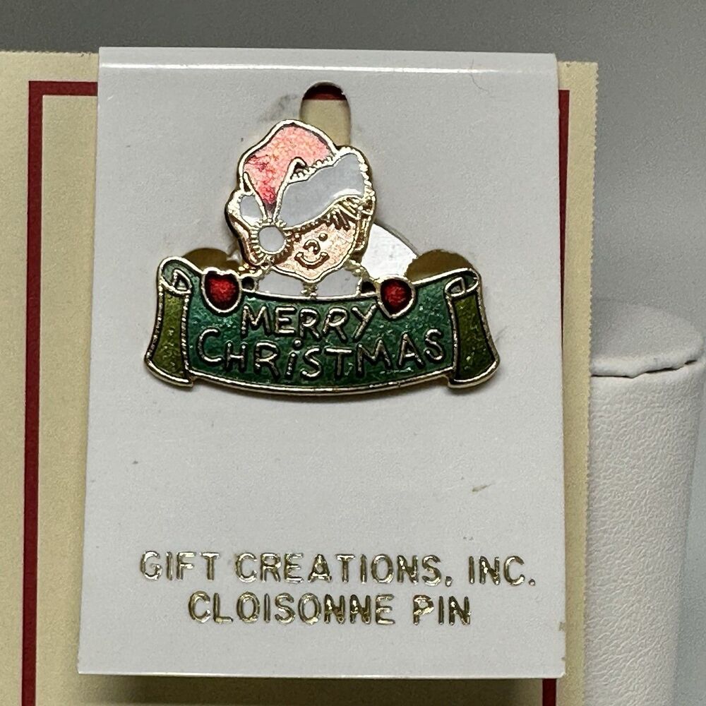 Vintage Cloisonne Merry Christmas Lapel Pin Gold Tone Santa Helper Red Hat New